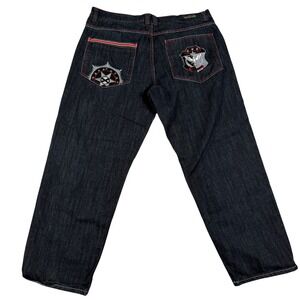 Vintage Y2K Knockout Jeans Mens 42x32 Dark Baggy Fit Stitch Embroidered Denim